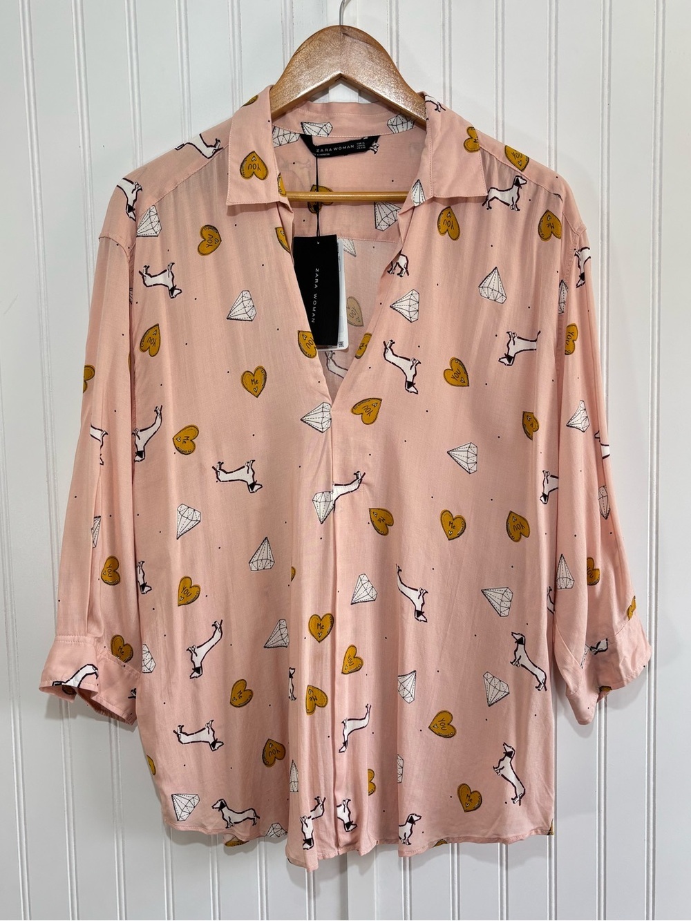 Zara Woman Dachshund Heart Diamond Pink Printed Blouse Top Size XL
